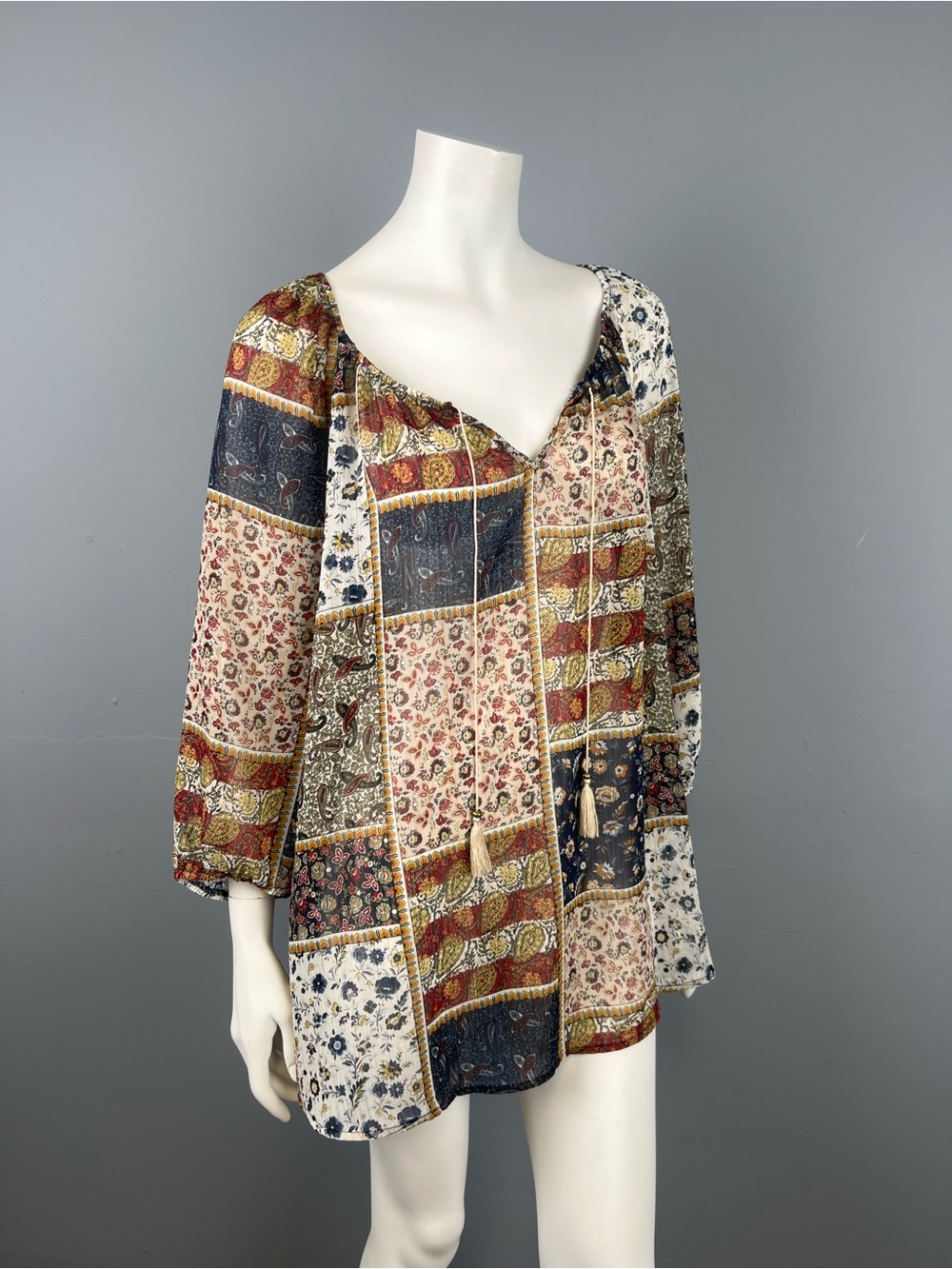 Westport 1952 Patchwork Pattern Sheer Peasant Blouse - Multicolor